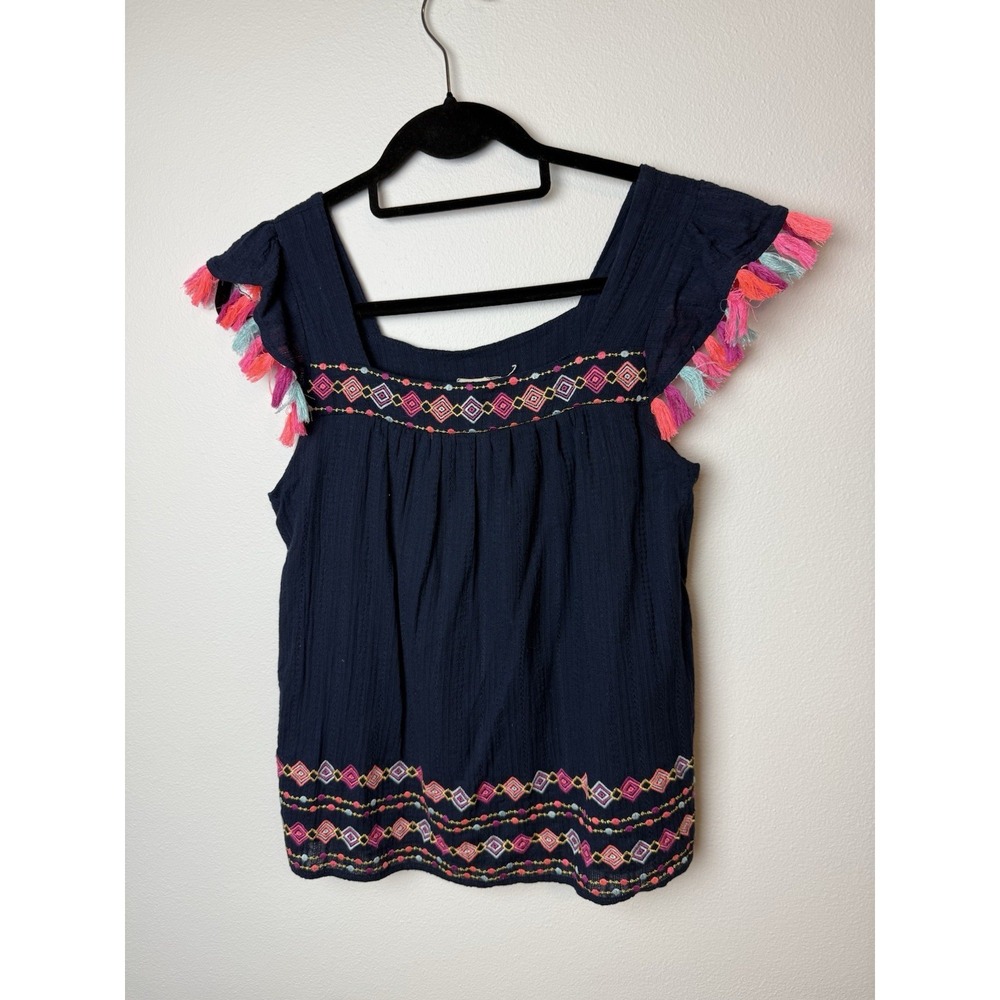 Savannah Jane Women's Tasseled Embroidered Boho Peasant Top Navy Sz Small